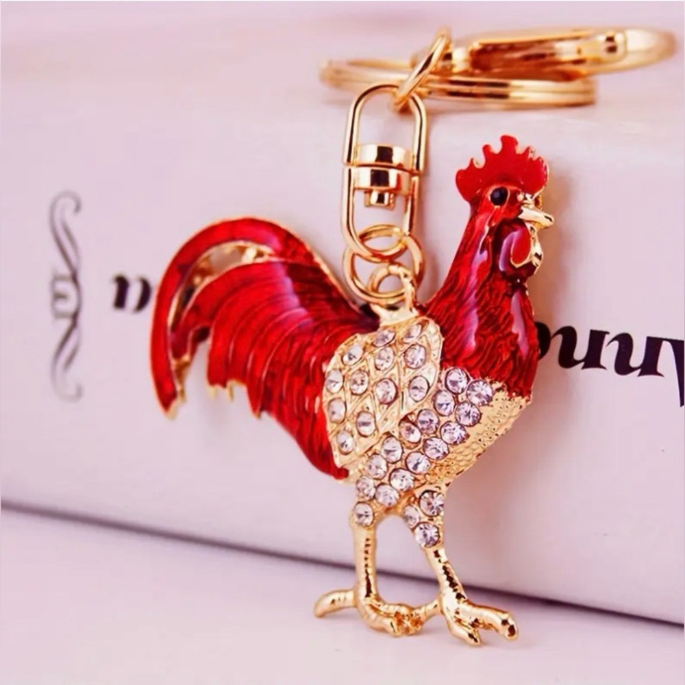 Rooster Bag Charm Keychain with Key Ring for Purse Handbag Red Rhinestone New